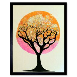 "Artery8 Wall Art Print Tranquil Tree Silhouette Abstract Enchanted Linocut Art Framed in Black - Size: W12"" x H16""" - thumbnail 1