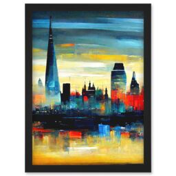 Artery8 London Skyline Reflecting On River Thames Modern Oil Paint Artwork Framed Wall Art Print A4 in Black - thumbnail 1