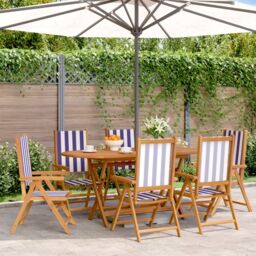 Berkfield Home Reclining Garden Chairs 6 pcs Blue & White Fabric & Solid Wood - thumbnail 1