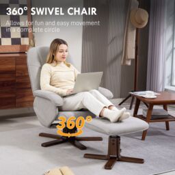 HOMCOM Swivel Recliner Chair with Footstool & Wooden Base in Light Grey - thumbnail 5