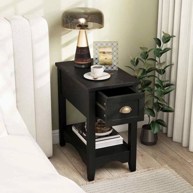 Kelvenix Retro Side Table Rectangular Nightstand with 1 Drawer-Black in Black - Size: 0.6m2 - image 1