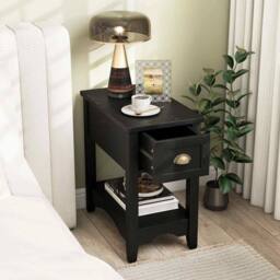 Kelvenix Retro Side Table Rectangular Nightstand with 1 Drawer-Black in Black - Size: 0.6m2