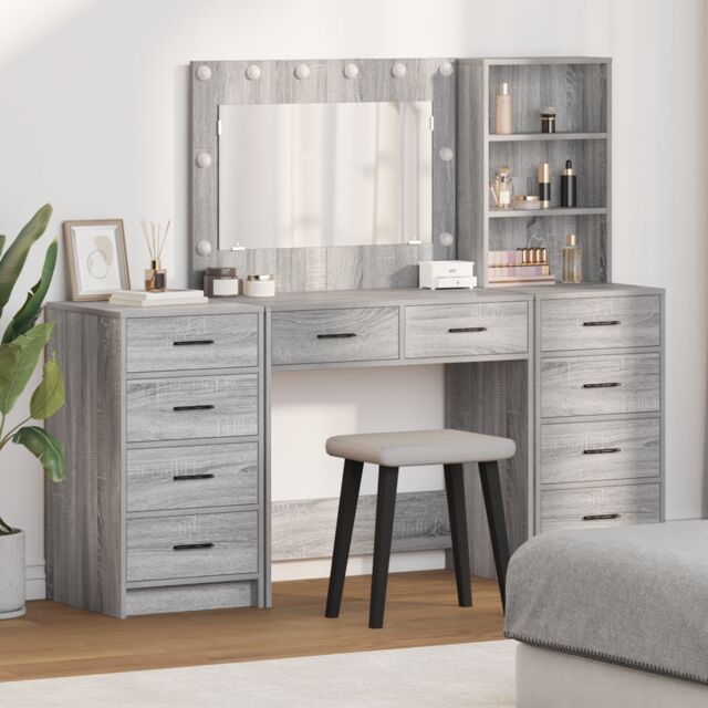 Berkfield Home 3 Piece Dressing Table Set with LED in Grey Sonoma Engineered Wood - image 1