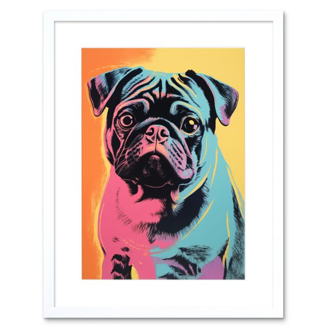 "Artery8 Wall Art Print Cute Pug Dog Colourful Artwork Pink Turquoise Orange & Yellow Vibrant Pet Portrait Artwork Framed 9X7 Inch - Size: W7"" x H9""" - image 1