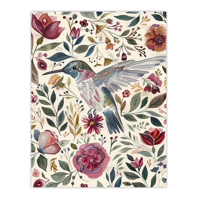 "Artery8 Hummingbird with Rustic Flower Pattern Muted Tones Wall Art Print - Size: W18"" x H24""" - image 1