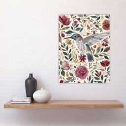 "Artery8 Hummingbird with Rustic Flower Pattern Muted Tones Wall Art Print - Size: W18"" x H24""" - thumbnail 4