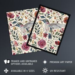 "Artery8 Hummingbird with Rustic Flower Pattern Muted Tones Wall Art Print - Size: W18"" x H24""" - thumbnail 2