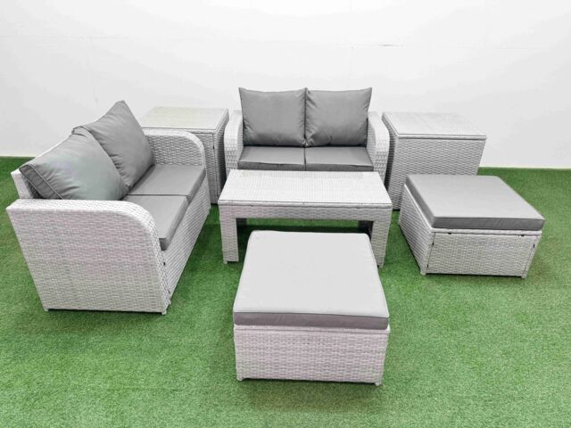 Fimous 6 Seater Outdoor Love Sofa Set Rattan Garden Furniture Set with Oblong Coffee Table 2 Footstool 2 Side Tables Light Grey - image 1