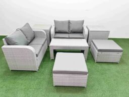 Fimous 6 Seater Outdoor Love Sofa Set Rattan Garden Furniture Set with Oblong Coffee Table 2 Footstool 2 Side Tables Light Grey - thumbnail 1