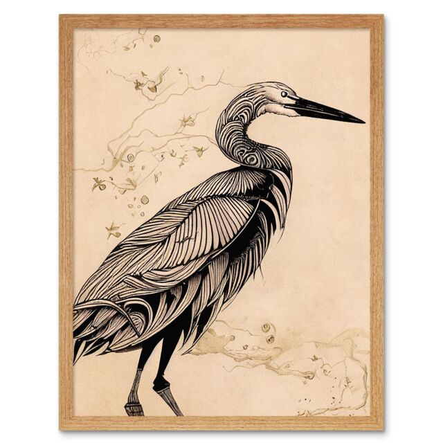 "Artery8 Wall Art Print Heron Bird Simple Ink Art Framed in Light Oak - Size: W12"" x H16""" - image 1