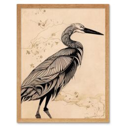 "Artery8 Wall Art Print Heron Bird Simple Ink Art Framed in Light Oak - Size: W12"" x H16""" - thumbnail 1