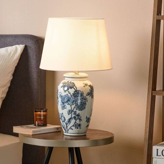 Wyld and Coco Porcelain Table Lamp - 54cm Linen Drum Shade White Blue - image 1