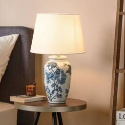 Wyld and Coco Porcelain Table Lamp - 54cm Linen Drum Shade White Blue - thumbnail 1