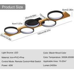 Garwarm Black Five-circle design Light LED Flush Mount, 99.99cm, 3000K-6500K - thumbnail 8
