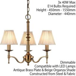 Loops Avery Ceiling Pendant Chandelier Light 3 Lamp Antique Brass & Beige Pleat Shade in Metallics - thumbnail 2