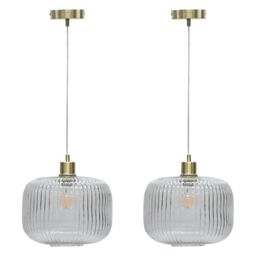 First Choice Lighting Set of 2 Batley Large - Clear Ribbed Glass with Satin Brass Pendants - thumbnail 1