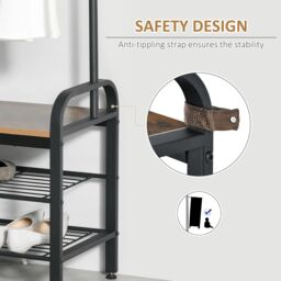 HOMCOM Industrial Coat Rack Stand Shoe Bench 8 Hooks Storage Cabinet in Brown - thumbnail 6