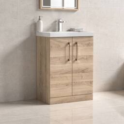 Balterley Contemporary Bathroom Floor 2-Door Vanity & Basin, Bleached Oak, 600mm in Brown - thumbnail 3