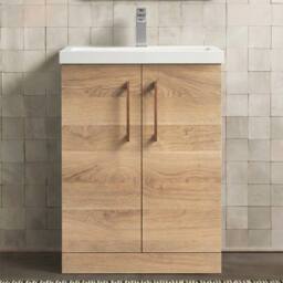 Balterley Contemporary Bathroom Floor 2-Door Vanity & Basin, Bleached Oak, 600mm in Brown - thumbnail 5