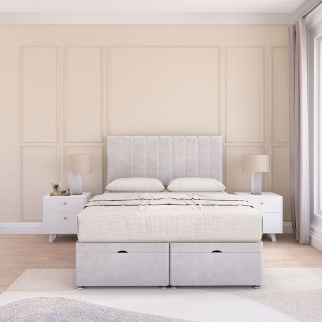 Sloomy Kansas Plush Fabric Ottoman Bed End Opening With Sprung Memory Mattress & 26 Inch Headboard in Silver - Size: Small Double - image 1
