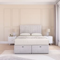 Sloomy Kansas Plush Fabric Ottoman Bed End Opening With Sprung Memory Mattress & 26 Inch Headboard in Silver - Size: Small Double - thumbnail 1