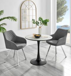 FurnitureboxUK Elina White Marble Effect Scratch Resistant Dining Table & 2 Falun Silver Leg Fabric Chairs in Dark Grey