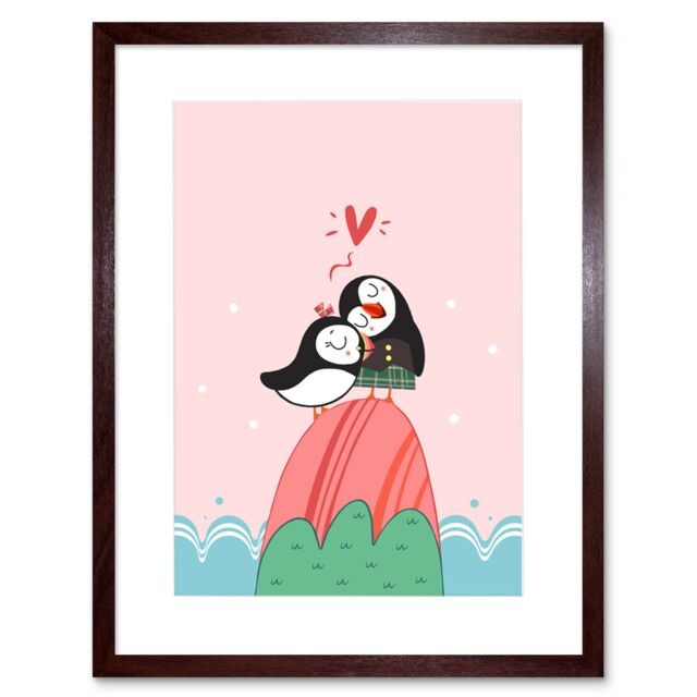 "Artery8 Wall Art Print Puffins in Love Art Framed 9x7 inch in Brown - Size: W7"" x H9""" - image 1