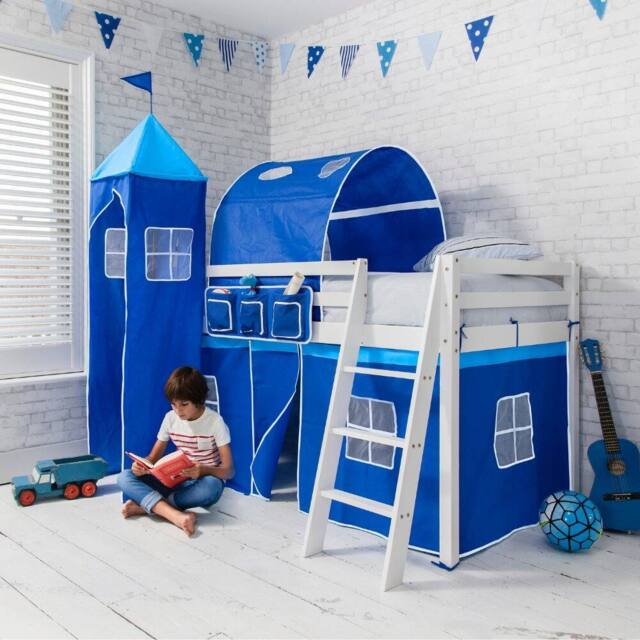 Nöa and Nani Moro Cabin Bed with Ladder and Blue Tent, Tower & Tunnel in White - Size: Single - image 1