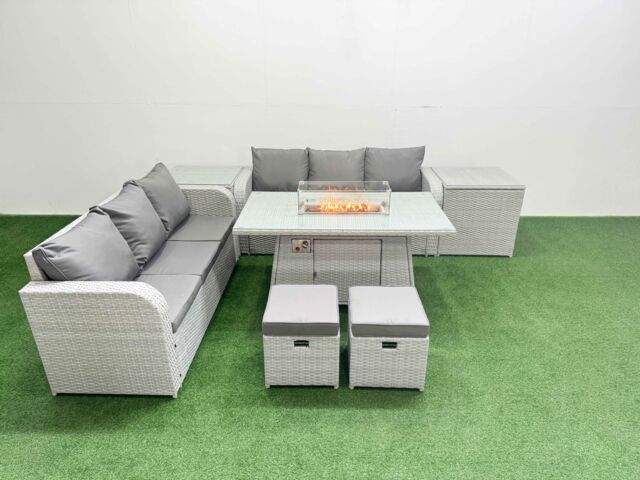 Fimous Outdoor Garden Furniture Sets 8 Seater Wicker Rattan Furniture Sofa Sets w/ Firepit Dining Table high Back Lounge Sofa Stools 2 Side Table - image 1