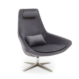 Orsina Curved Velvet Arm Chair with Lumbar Cushion & Headrest, Lounge Chair with Base for Home, Office in Grey - thumbnail 1