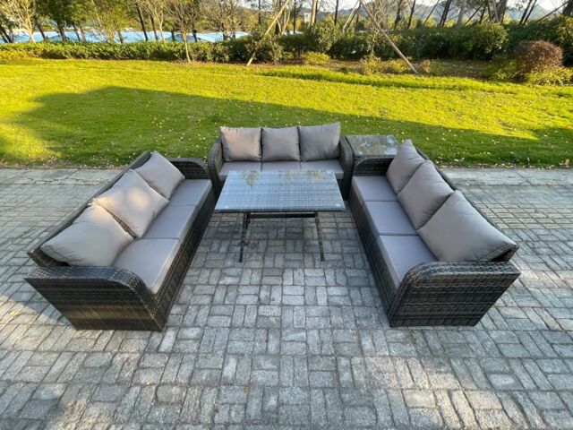 Fimous 9 Seater Wicker Rattan Garden Furniture Set with Rectangular Dining Table Side Table Patio Outdoor Lounge Sofa Set in Dark Grey - image 1