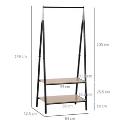 HOMCOM 2-Tier Garment Rack Storage Shelves Metal Coat Shoes Clothes Stand Open Wardrobe in Natural - thumbnail 3