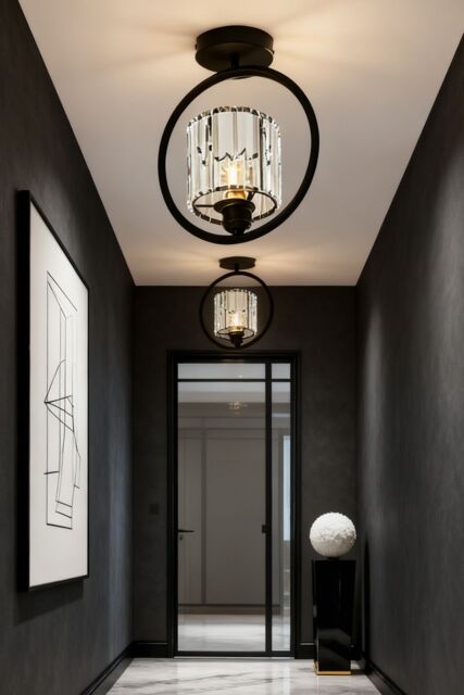 Living and Home Semi Flush Mount Ceiling Light with Crystal Shade in Black - image 1