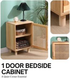 SPOT ON DEALZ Rattan Bedside Table Natural Oak 1 Door Storage Cabinet with Shelf in Light Oak - thumbnail 3