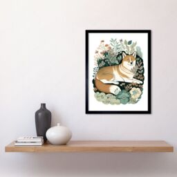"Artery8 Wall Art Print Shiba Inu Dog Lying in Flower Field Modern Stylised Art Framed in Black - Size: W12"" x H16""" - thumbnail 2