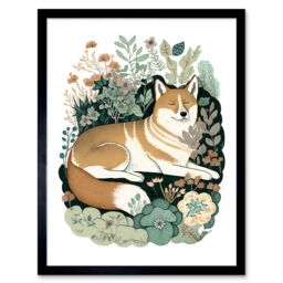 "Artery8 Wall Art Print Shiba Inu Dog Lying in Flower Field Modern Stylised Art Framed in Black - Size: W12"" x H16""" - thumbnail 1