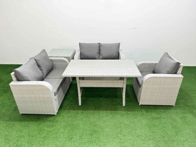 Fimous High Back Poly Rattan Garden Furniture Set w/ Reclining Chair Loveseat Sofa Rectangular Dining Table Indoor Outdoor Patio Set Side Table Light - image 1