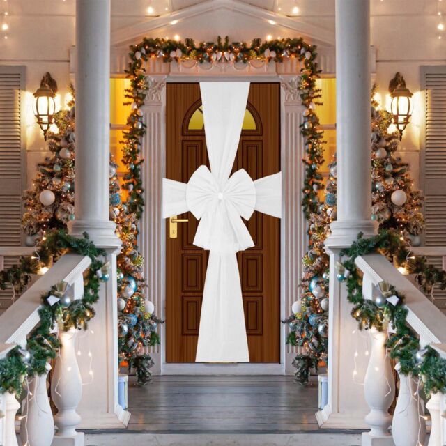 Shatchi Christmas Door Bow - 7.5m Diamante Giant Bow Door Cover - Front Door Decorations for Xmas Wedding, Baby Shower Outside Home Decor in White - image 1