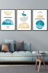 ARTZE Yellow & Aqua Blue Abstract Mid Century Geometric Framed Wall Art - Large in Black - Size: W53 cm x H73 cm x D20mm - thumbnail 1