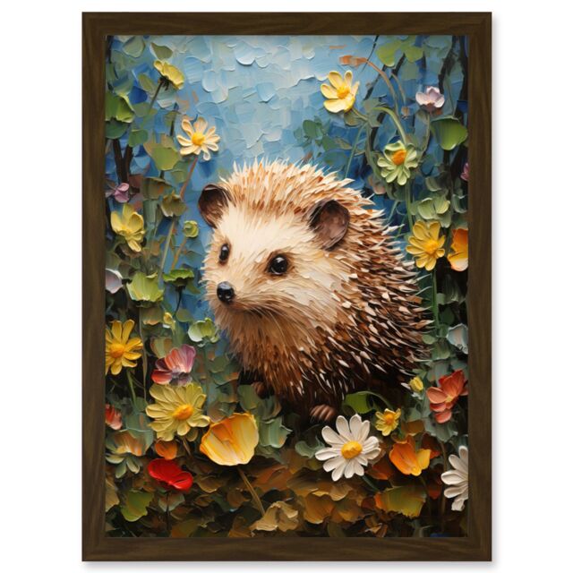 Artery8 Wall Art Print Hedgehog Wildflower Meadow Thick Paint Oil Painting Kids Bedroom Cute Woodland Creature Artwork Framed A4 in Brown - image 1