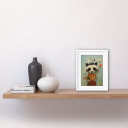 Artery8 Wall Art Print Cute Racoon Picking Wildflowers for a Spring Bouquet Oil Painting Amber Orange Baby Blue Kids Bedroom Artwork Framed 9X7 Inch - thumbnail 2