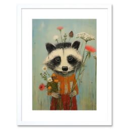 Artery8 Wall Art Print Cute Racoon Picking Wildflowers for a Spring Bouquet Oil Painting Amber Orange Baby Blue Kids Bedroom Artwork Framed 9X7 Inch - thumbnail 1