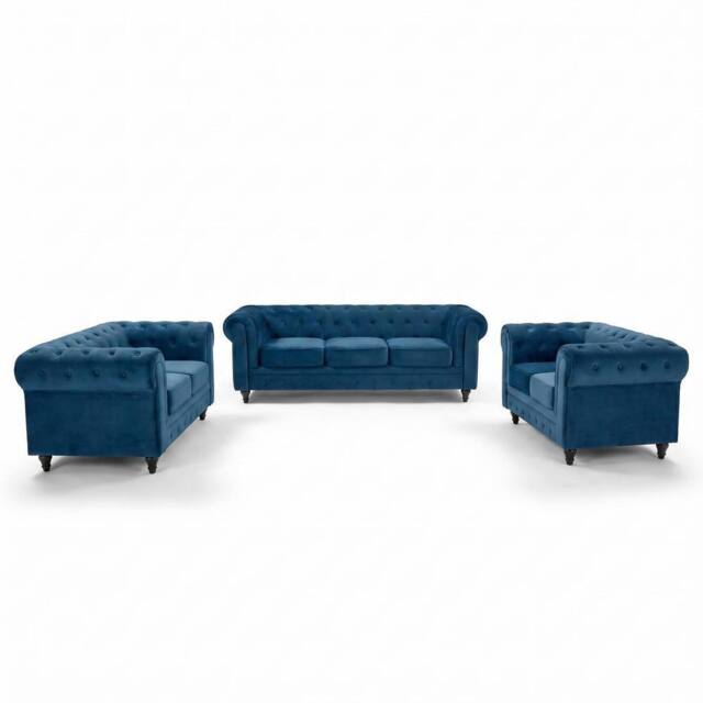 Bravich LTD Chesterfield Scroll Arm Velvet Sofa Buttoned Back Living Room Settee in Navy - Size: 3 Seater - image 1
