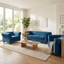 Bravich LTD Chesterfield Scroll Arm Velvet Sofa Buttoned Back Living Room Settee in Navy - Size: 3 Seater - thumbnail 2