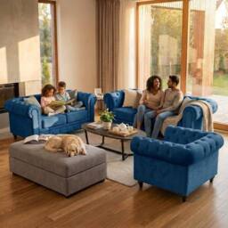 Bravich LTD Chesterfield Scroll Arm Velvet Sofa Buttoned Back Living Room Settee in Navy - Size: 3 Seater - thumbnail 6