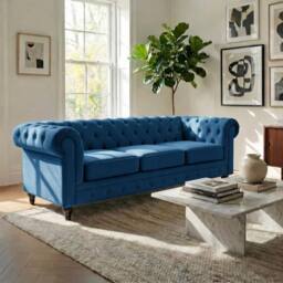 Bravich LTD Chesterfield Scroll Arm Velvet Sofa Buttoned Back Living Room Settee in Navy - Size: 3 Seater - thumbnail 3