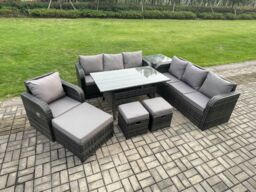 Fimous 10 Seater Outdoor Rattan Garden Furniture Set Rectangular Dining Table & Chairs Set with 3 Seater Sofa 3PC Footstools Side Table in Dark Grey - thumbnail 2
