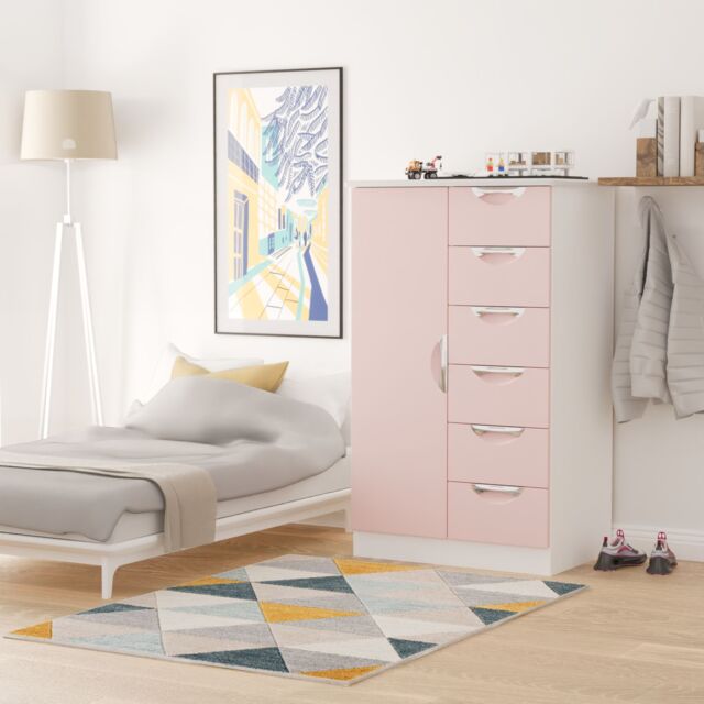Ready Assembled 2 U Holborn 1 Door 5 Drawer Kids Robe (Ready Assembled) in Dusty Pink - Size: Large - image 1