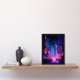 Artery8 Synthpop City Modern Neon Futuristic Cityscape Blue Purple Artwork Framed Wall Art Print A4 in Black - thumbnail 4