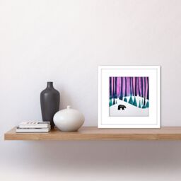 Artery8 Black Bear In A Colourful Arctic Winter Forest Lonely Square Wooden Framed Wall Art Print Picture 8X8 Inch in White - thumbnail 2